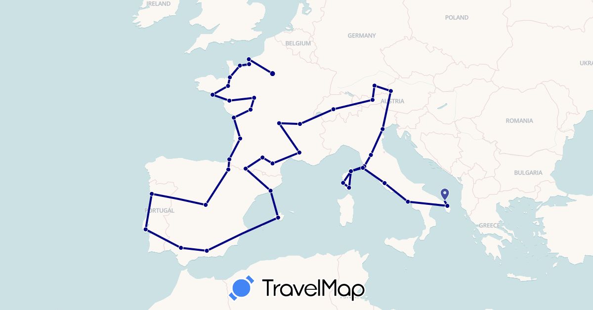 TravelMap itinerary: driving in Austria, Switzerland, Germany, Spain, France, Italy, Portugal (Europe)