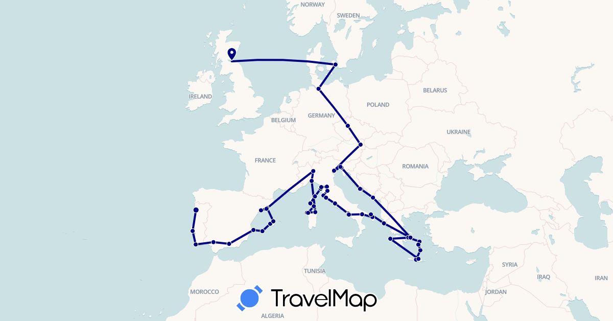 TravelMap itinerary: driving in Austria, Czech Republic, Germany, Denmark, Spain, France, United Kingdom, Greece, Croatia, Italy, Portugal (Europe)